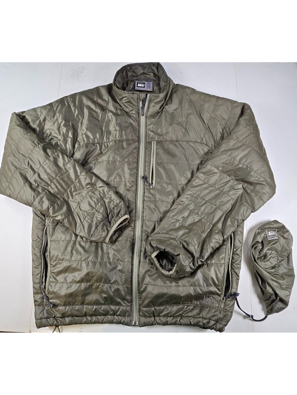 REI Puffer Jacket Mens 2XL Green Packable Lightweight Insulated Hiking Camp